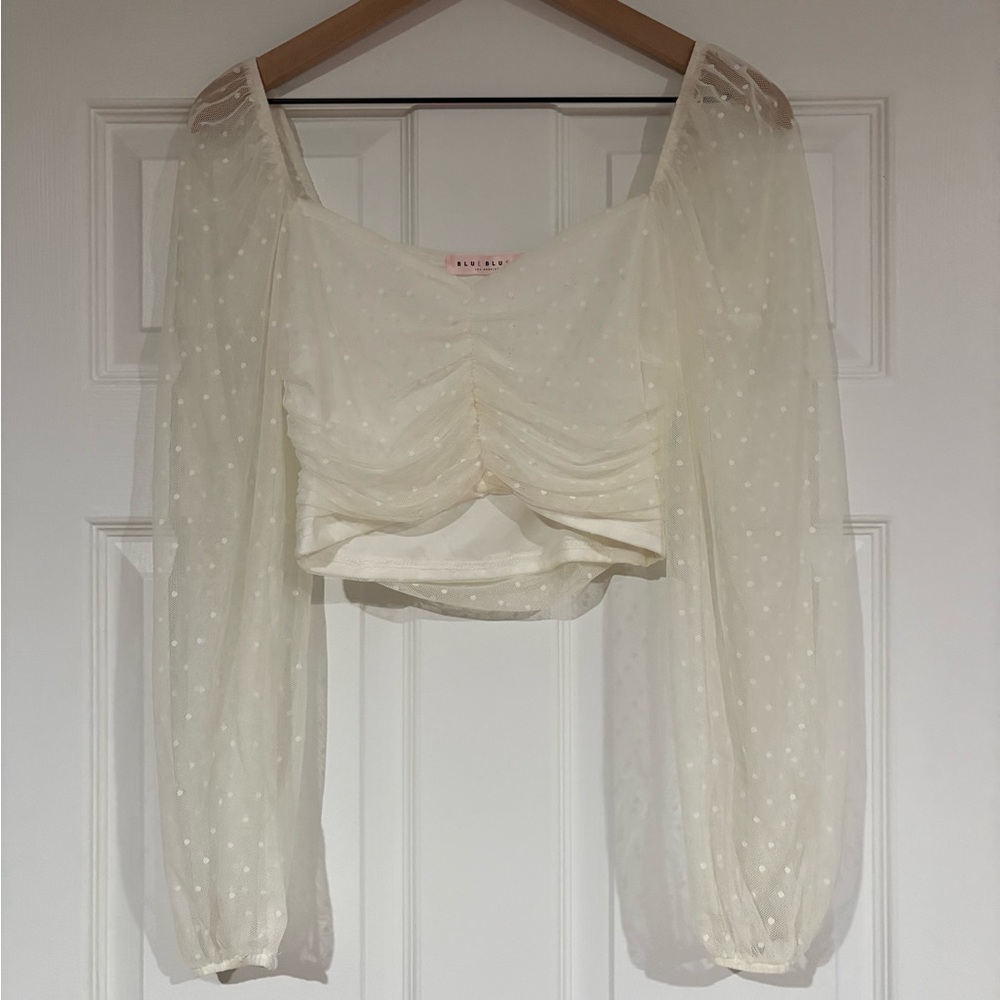 Blue Blush Cream Sheer Polka Dot Blouse